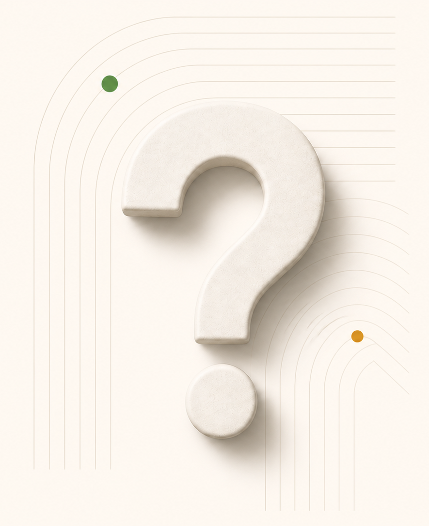 Biostaq FAQ visual with a dimensional question mark and orbiting signal arcs